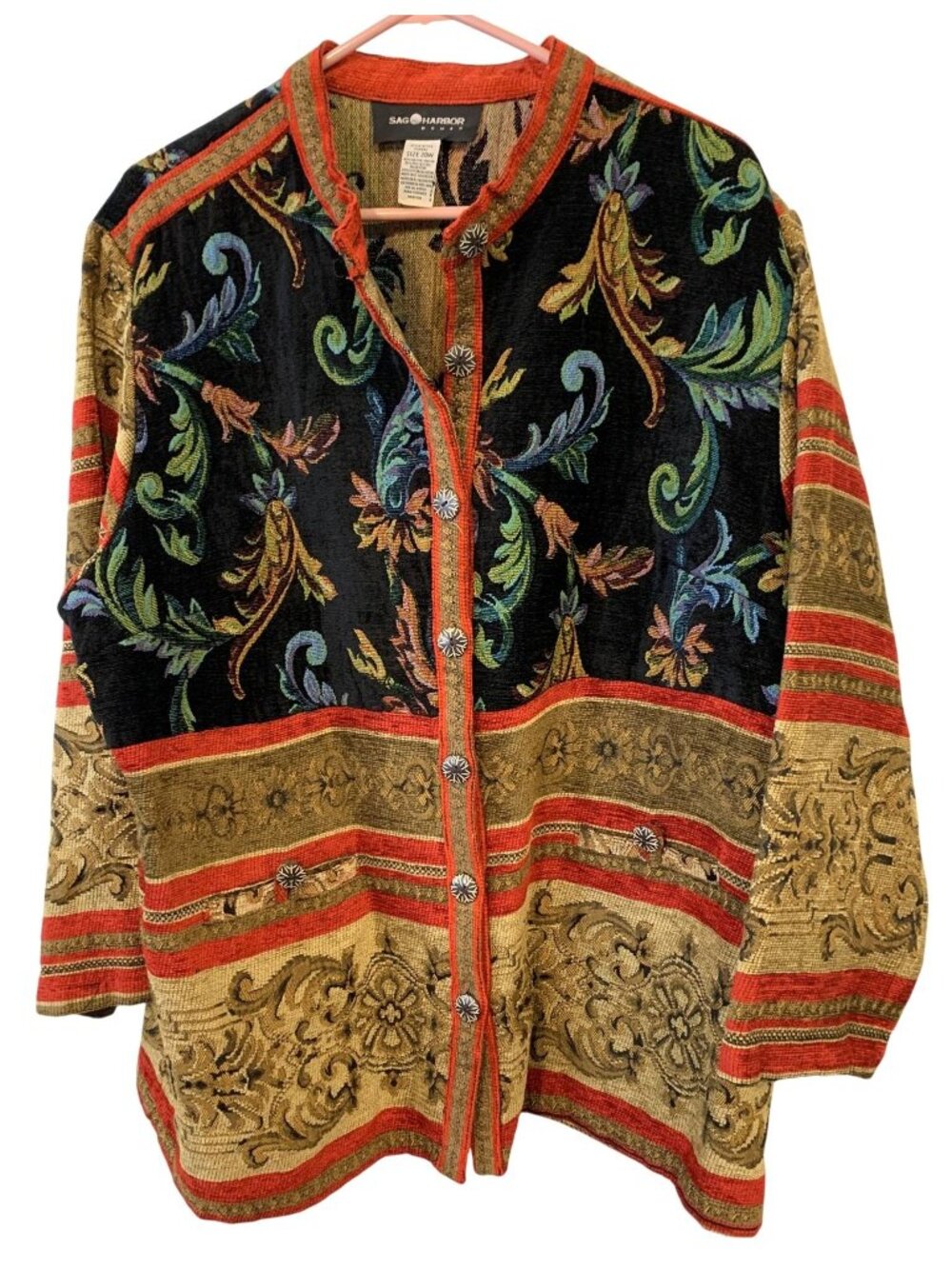 Sag Harbor 20W Tapestry Button Cardigan Jacket Artwear Boho Maximalist Vintage